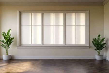A bright and spacious room features three large windows letting in natural light. Two green indoor plants are positioned symmetrically on either side of the window enhancing the ambiance.の素材