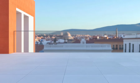 A spacious terrace features a minimalist design with a glass railing. In the background a vibrant city skyline is visible set against scenic mountains during sunset.の素材