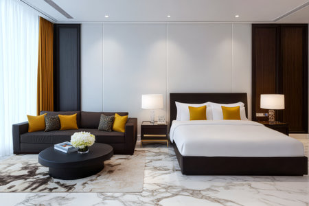This hotel room showcases a stylish design with a comfortable bed and plush seating area. Soft lighting and modern decor create a warm and inviting atmosphere perfect for relaxation.の素材