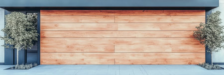 A stylish garage door features wooden panels in a modern design flanked by two small trees on either side. The urban location emphasizes clean lines and contemporary aesthetics.の素材
