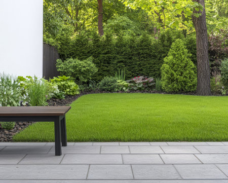 A modern backyard showcases a vibrant green lawn bordered by various plants and shrubs under clear blue skies. A wooden bench sits on a stone patio inviting relaxation in the tranquil setting.の素材