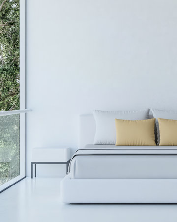 A bright and airy bedroom features a simple bed with soft pillows a small bedside table and large windows showcasing lush greenery outside creating a peaceful atmosphere.の素材