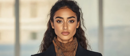 A model stands confidently in a stylish outfit featuring a high neck sweater and tailored coat. Natural light highlights her features creating a striking urban atmosphere.の素材