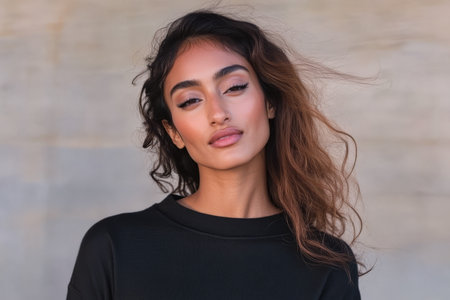 A young woman stands confidently against a textured backdrop her hair slightly tousled by a gentle breeze. She exudes a relaxed yet poised demeanor dressed in casual attire.の素材