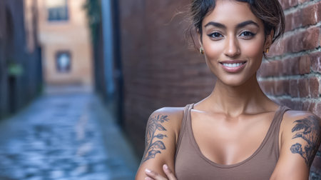 A young woman poses with her arms crossed showcasing her detailed tattoos. The brick wall and cobblestone path create a rustic backdrop on a sunny day.の素材