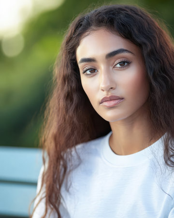 A young woman with beautiful long curly hair sits quietly on a bench in a lush green park. The soft golden light of dusk illuminates her calm expression and highlights her natural beauty.の素材