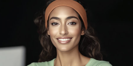 A young woman with wavy hair and a bright smile is wearing a soft green top and an orange headband. The lighting highlights her features creating a warm and inviting atmosphere.の素材