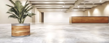 A contemporary lobby features a stylish wooden planter holding a lush green plant.の素材