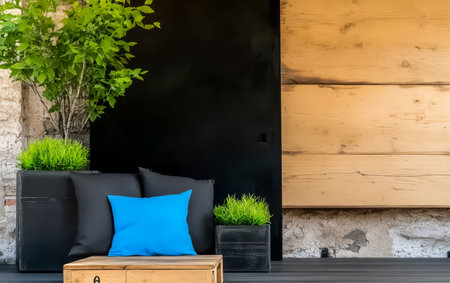 A cozy outdoor seating arrangement features a bright blue cushion on dark seating beneath green plants. The backdrop combines wood and sleek black elements creating a contemporary urban atmosphere.の素材