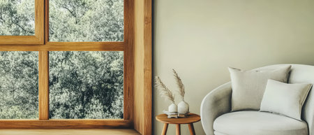 A modern living room showcases a comfortable chair and a wooden table beside a large window. The view reveals lush greenery outside enhancing the cozy atmosphere of the space.の素材