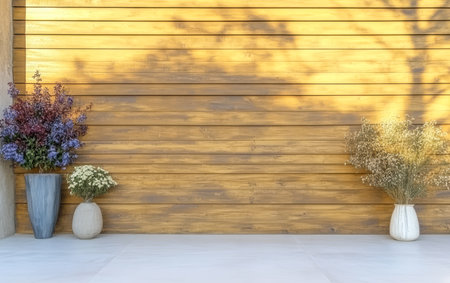 Bright sunlight casts soft shadows on a wooden wall highlighting two decorative vases.の素材