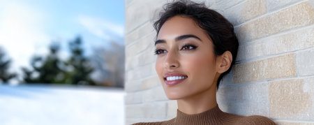 Bright sunlight illuminates a woman leaning casually against a textured stone wall. She has a joyful expression showcasing her white teeth. Soft snow covers the ground in the background.の素材
