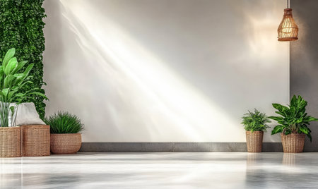 A serene space features a wall basking in soft sunlight adorned with various green plants in woven baskets. The clean floor enhances the fresh atmosphere creating a tranquil environment.の素材