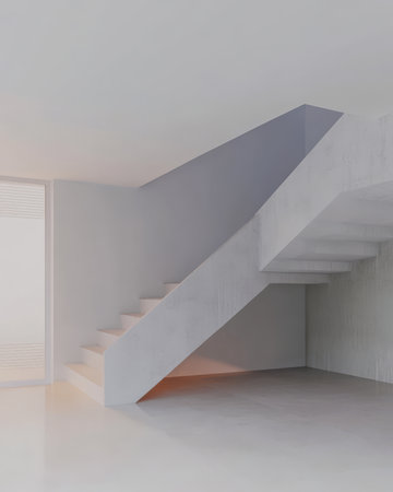 A sleek staircase features clean lines and a minimalist design in a bright spacious interior. Natural light floods the area enhancing the feeling of openness and simplicity.の素材