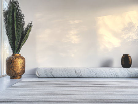 A serene interior showcases a long marble bench and decorative vases illuminated by soft natural light. Green foliage adds a touch of nature enhancing the minimalist aesthetic.の素材