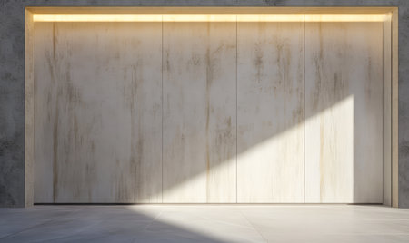 A minimalist wall features a clean textured surface illuminated by a warm light strip. A shadow from the exterior falls at an angle enhancing the contemporary design.の素材
