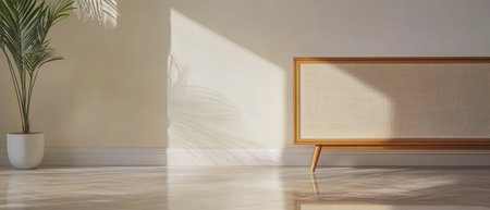 A spacious and stylish room features a warm wooden cabinet beside a tall green plant. Sunlight creates beautiful shadows on the polished floor enhancing the relaxed atmosphere.の素材