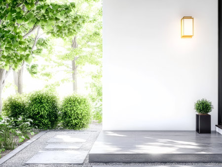 A serene outdoor area features a clean white wall illuminated by a stylish light fixture. Surrounding lush greenery and neatly arranged stones create a peaceful ambiance.の素材