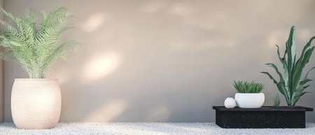 Decorative indoor plants are displayed on a minimalist table showcasing a blend of textures and shapes. A serene atmosphere is created in the well-lit space perfect for relaxation or contemplation.の素材