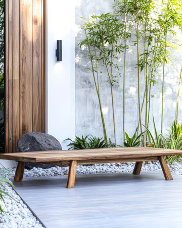 A wooden bench with a minimalist design is placed next to a large rock and surrounded by bamboo plants in a serene outdoor setting. The area features clean lines and natural elements.の素材