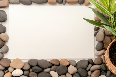 A collection of smooth stones forms a border around an empty canvas on a flat surface. Beside the stones a green potted plant adds a touch of nature to the indoor setting.の素材