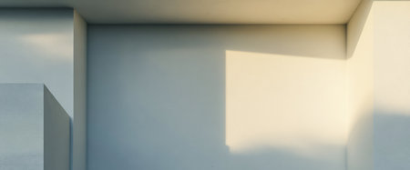Soft shadows dance across smooth white walls in a contemporary room emphasizing geometric shapes and the play of natural light throughout the afternoon.の素材