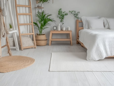A serene bedroom features a comfortable bed wooden ladder and plants. Soft light fills the space from a nearby window enhancing the natural atmosphere of the room.の素材