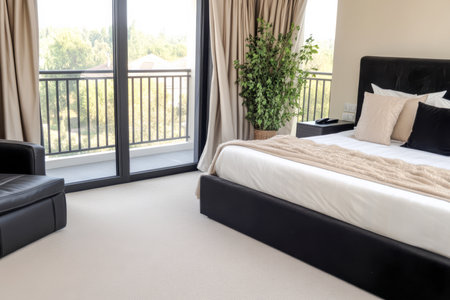 This cozy bedroom features a plush bed with soft bedding a comfortable chair and floor-to-ceiling windows allowing abundant natural light and a lovely view of the outdoors.の素材