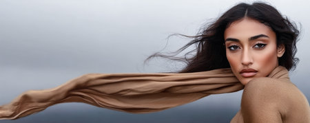 A woman with long dark hair poses gracefully with a flowing scarf set against a dramatic cloudy sky. Her expression is confident and serene adding to the striking composition of the moment.の素材