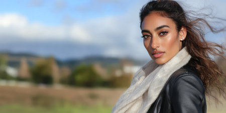 A young woman with flowing hair and a confident expression stands outdoors wearing a leather jacket and scarf against a picturesque natural backdrop on a breezy day.の素材
