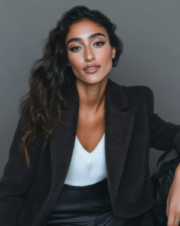 A young woman with long wavy hair poses elegantly in a trendy outfit featuring a black coat and white top. Her confident expression suggests a sense of poise and style.の素材