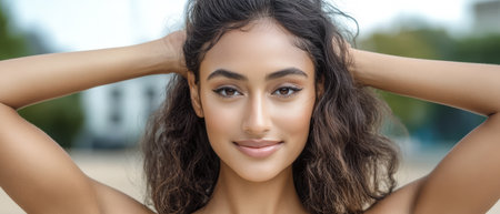 A young woman smiles while holding her curly hair back showcasing her radiant skin and expressive eyes. Bright sunlight highlights the natural beauty of her features in a vibrant setting.の素材