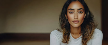 A woman with long hair sits comfortably in a softly lit indoor space. She has a relaxed expression and wears a simple top showcasing a natural beauty. The warm light enhances her features.の素材