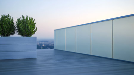 A rooftop area showcases a sleek wooden deck and large planters with lush plants. In the background a soft sunset light enhances the urban skyline creating a tranquil atmosphere.の素材