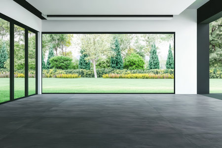 Bright and airy room featuring large glass windows that offer a stunning view of a vibrant garden. The minimalist design emphasizes the natural light and greenery outside.の素材