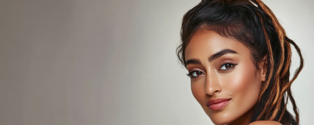 A woman poses confidently showcasing her unique hairstyle and flawless skin. Her expressive gaze and subtle smile convey beauty and self-assurance. Soft lighting enhances her features.の素材