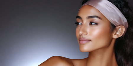 A woman showcases her glowing skin while wearing a satin headband focusing on skincare and beauty. The setting emphasizes a serene atmosphere for self-care.の素材