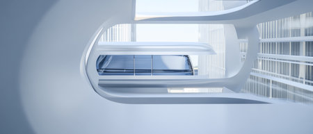 Sleek curved lines and open spaces define a contemporary architectural design. Sunlight filters through the structural elements highlighting the blend of glass and steel in an urban setting.の素材