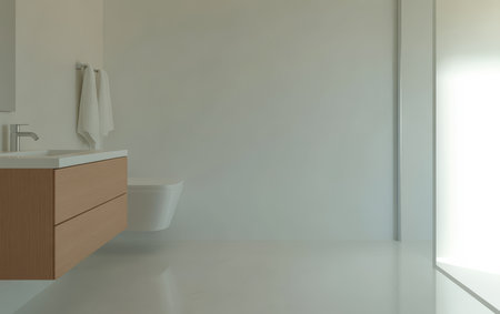 A spacious bathroom showcases sleek cabinetry and a clean aesthetic. Large windows provide ample natural light enhancing the contemporary design. A towel hangs neatly emphasizing order.の素材