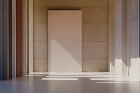 A spacious minimalist interior showcases a blank wall illuminated by soft rays of sunlight. The design focuses on simple lines and an open atmosphere highlighting the beauty of light and shadows.の素材