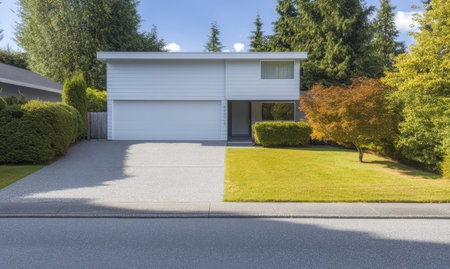 A well-designed two-story house stands prominently with a neat lawn and colorful trees. Clear blue skies provide a bright backdrop in a peaceful suburban area during daytime.の素材