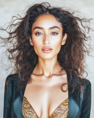 A model stands confidently displaying beautifully styled wavy hair and a fashionable outfit. The neutral backdrop enhances her striking features and captivating presence.の素材