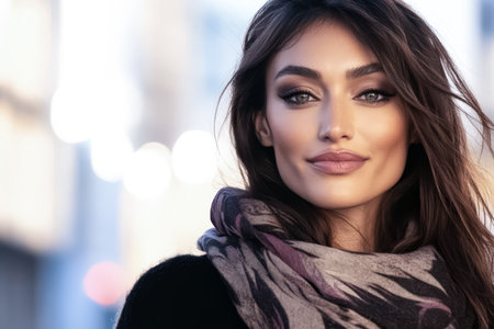 A stylish woman stands confidently in an urban area showcasing her natural beauty. The soft golden light enhances her features creating a captivating atmosphere as she enjoys the moment.の素材