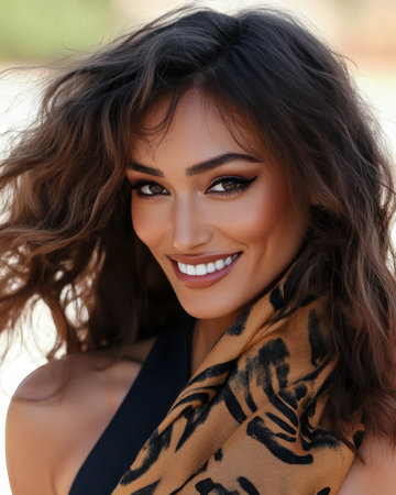 A woman with long wavy hair smiles warmly while outdoors. She wears a fashionable scarf and appears to enjoy a sunny day radiating confidence and beauty in the bright atmosphere.の素材