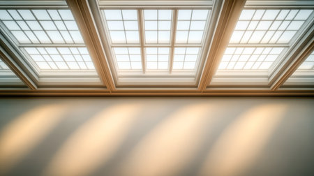 Bright rays of natural light pour through large skylights casting soft shadows on the smooth wall and floor. The room exudes warmth and tranquility in morning sunlight.の素材