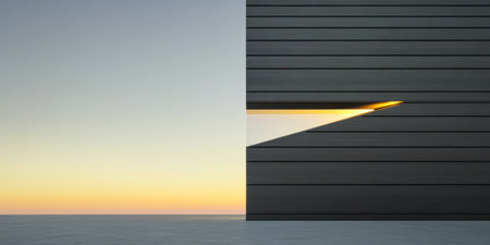 A striking building showcases a unique design with sharp angles and clean lines. The warm glow of the setting sun enhances the simplicity of the landscape creating a serene atmosphere.の素材