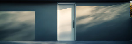 A contemporary glass door stands against a smooth gray wall bathed in warm afternoon light. Soft shadows dance across the surface creating a tranquil atmosphere.の素材
