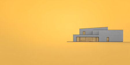 A sleek minimalist structure stands prominently in front of a bold yellow background. The design emphasizes geometric shapes and open spaces creating a striking visual contrast.の素材