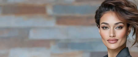 A woman with long wavy hair poses confidently smiling softly. She wears a stylish outfit and highlights her natural beauty against a backdrop of textured colors creating a serene atmosphere.の素材