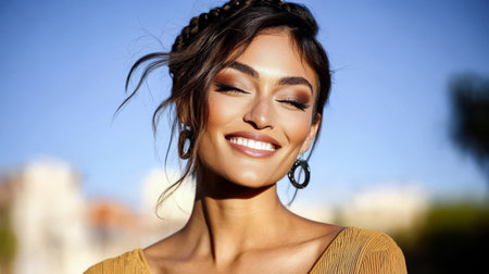 A woman with long hair styled in a braid enjoys a sunny day outdoors. She smiles confidently showcasing her elegant makeup and fashionable accessories against a blue sky.の素材